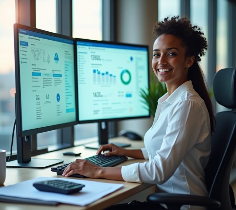 Accountant reviewing multiple client payroll accounts on a desktop