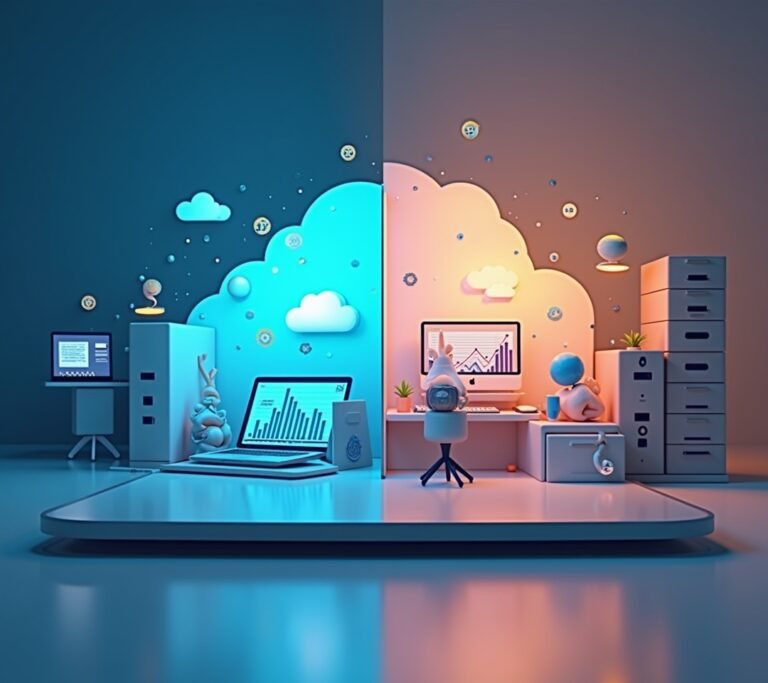 Split image of a cloud icon and a desktop computer tower