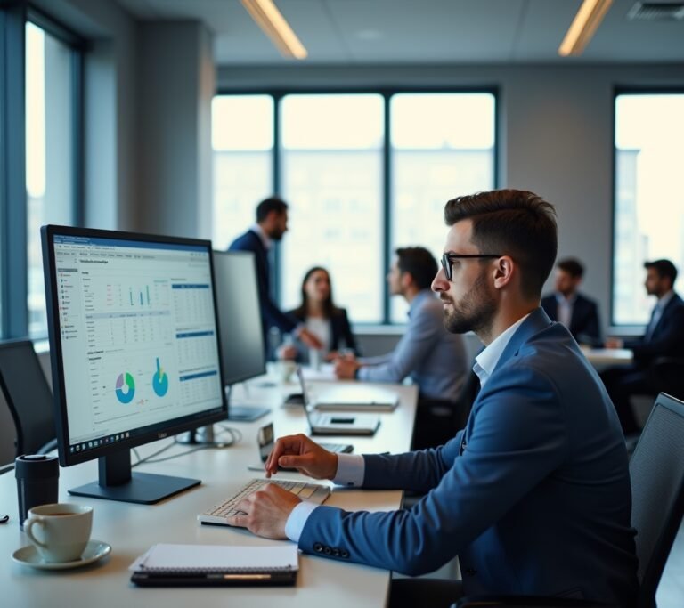 Corporate HR office with multiple monitors showing payroll reports