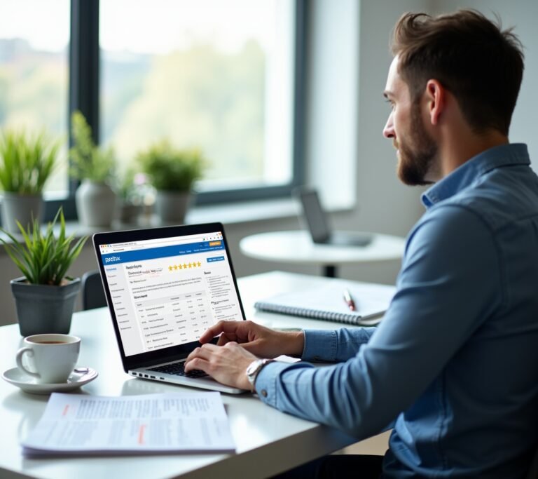 HR specialist reviewing a payroll service dashboard on a desktop computer