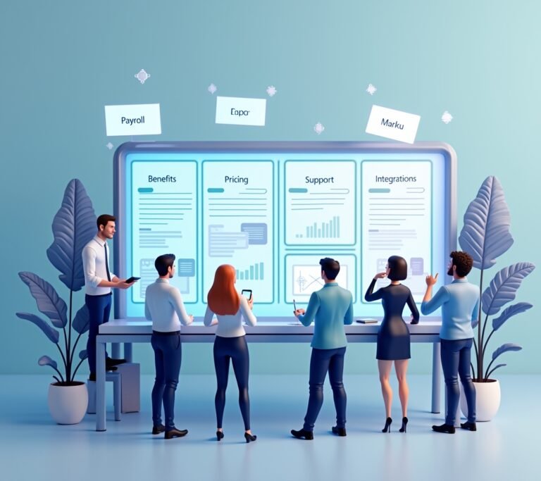 Business owner comparing enterprise payroll software options on a monitor