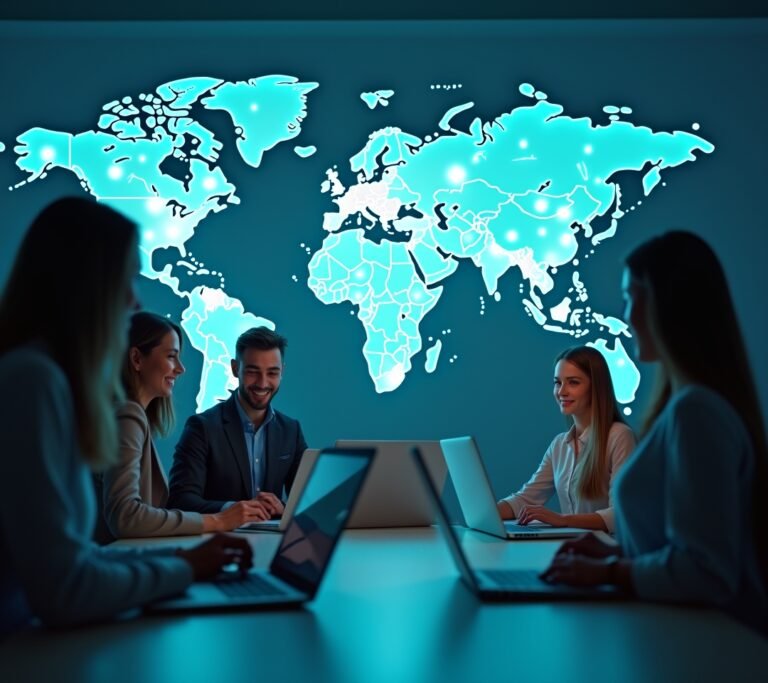 Business owner comparing global payroll providers on a laptop