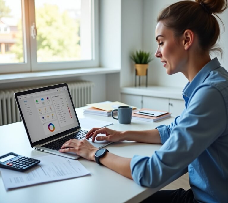 Small business owner reviewing a basic payroll app on a laptop