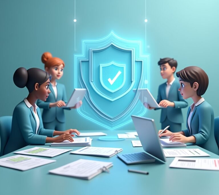 Business owner reviewing compliance documents at a desk