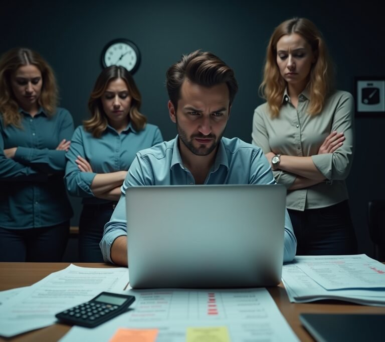 Stressed business owner looking at a payroll error on a laptop screen