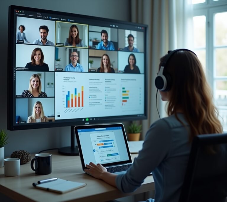 Remote employee working from a laptop in a bright home office