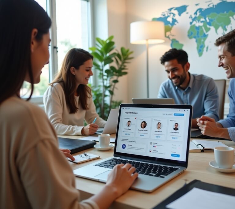 Remote team members on a video call from different home offices