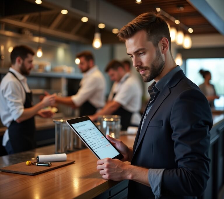 Restaurant manager checking employee schedules on a tablet in a kitchen