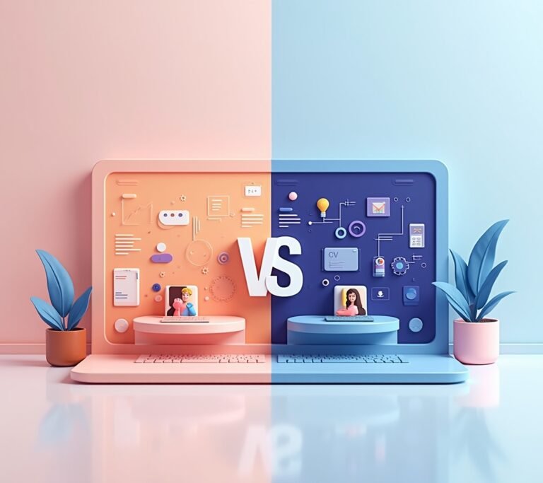 Two contrasting office setups representing simple vs advanced payroll tools