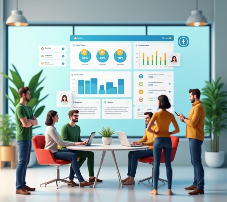 Startup team working in a modern open office with laptops