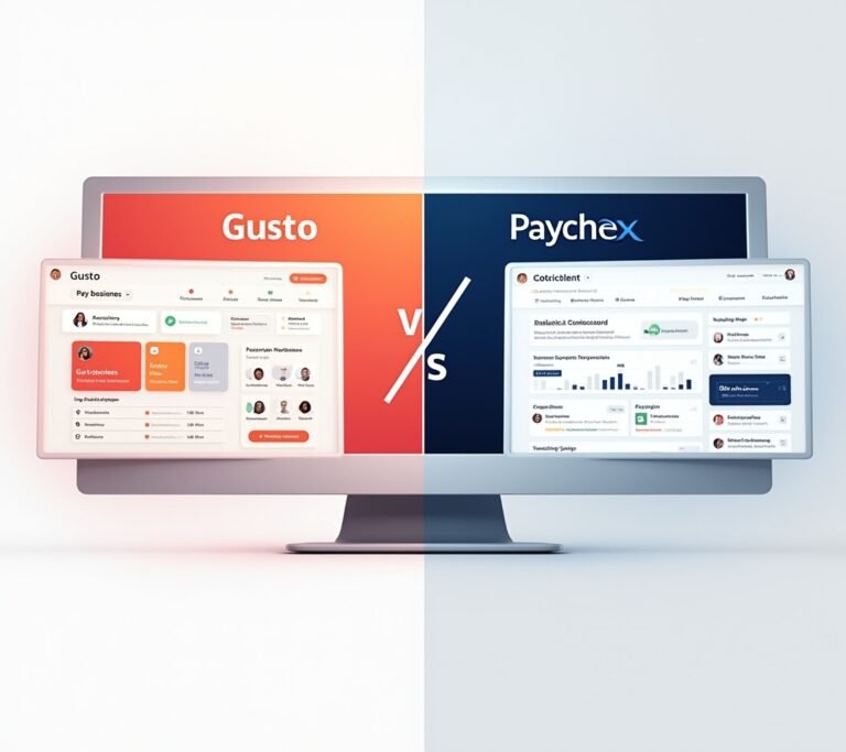 Two laptops side by side displaying different payroll software dashboards