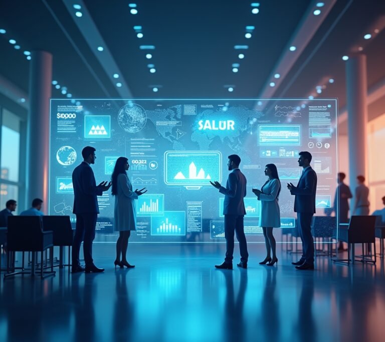 Modern office with employees using AI-assisted payroll tools