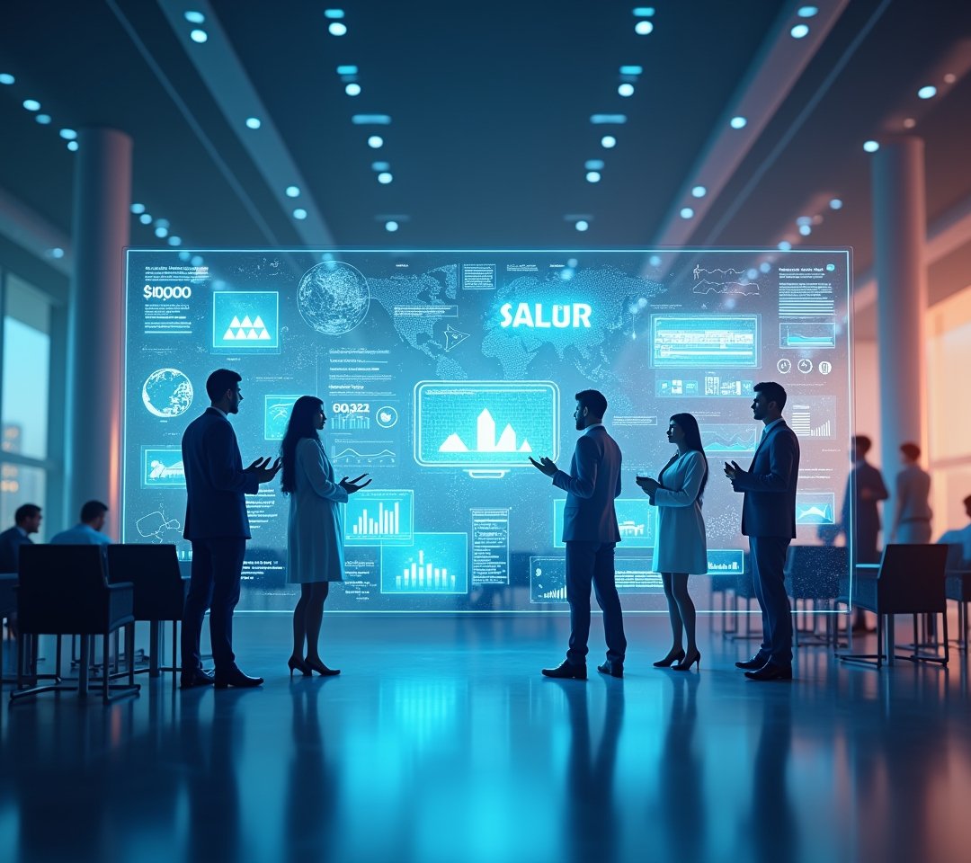 Modern office with employees using AI-assisted payroll tools
